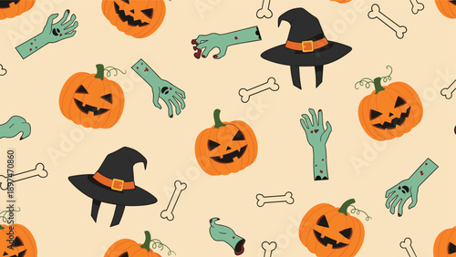 Spooky Halloween pattern featuring orange jack-o-lantern pumpkins, black witch hats, green zombie hands, and white bones on a beige background.