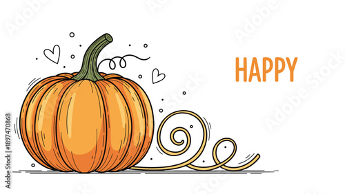 Large orange pumpkin with a green stem and curly vines next to the word happy and decorative hearts on a clean white background.