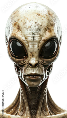 Close-up of a humanoid extraterrestrial with large black eyes and pale skin