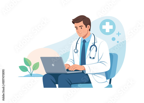 Male doctor with laptop seated in chair, flat vector illustration