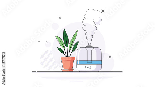 Modern air humidifier emitting a cloud of steam while sitting next to a potted green plant for a healthy home environment.
