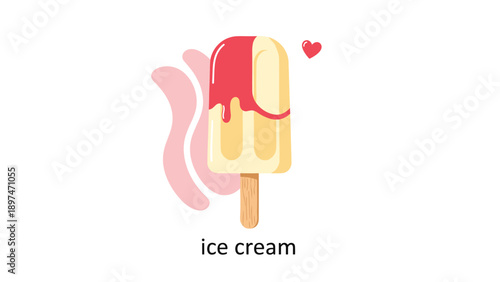 Delicious vanilla ice cream bar on a wooden stick featuring a red strawberry glaze topping and a small red heart icon.