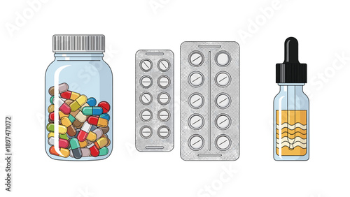 Medical set containing a bottle of colorful capsules, two blister packs of pills, and a dropper bottle with liquid medicine on white background.