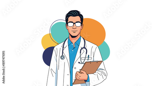 Confident male doctor in a white coat and blue shirt holding a clipboard with a stethoscope around his neck against colorful circles.