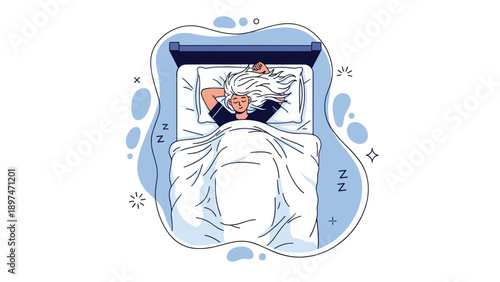 Peaceful top view illustration of a woman with long hair sleeping soundly in a cozy bed under a white blanket with sleep symbols.