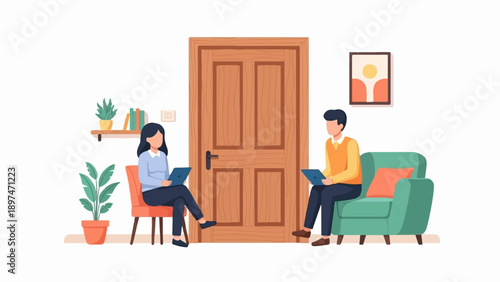 Two people using laptops while sitting in a room with a door