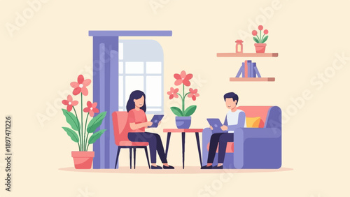 Two people using tablets in a cozy living room with plants and shelves