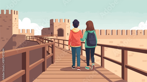 Two people walking on a wooden walkway along a castle wall under a partly cloudy sky