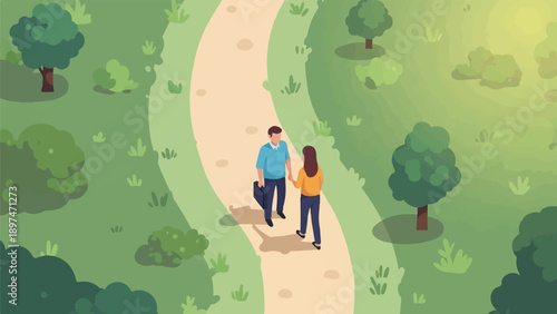 Two people walk on a path in a green, sunlit, natural park setting