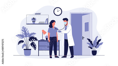 Professional medical scene showing a male doctor in a mask and white coat using a stethoscope to examine a female patient in a clinic.