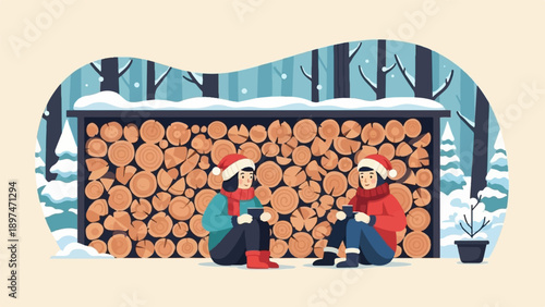 Two people wearing Santa hats and winter clothes sit by stacked firewood in a snowy forest