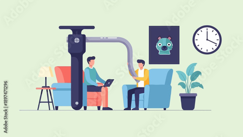 Two people with a large contraption in a living room