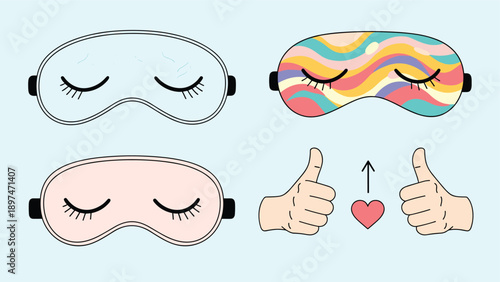 Fun collection of sleeping masks with various colors and patterns accompanied by two thumbs up and a red heart icon.