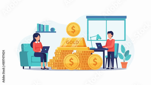 Two people work at computers near a large stack of gold coins and a gold bar