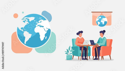 Two people work collaboratively on laptops with a globe motif in the background