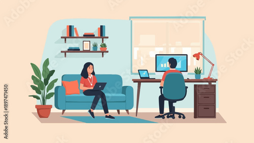 Two people work from home on laptops and desktop computers in a modern living room