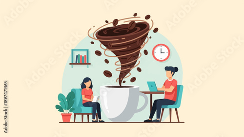 Two people work near a giant coffee tornado in a cozy, light-filled room