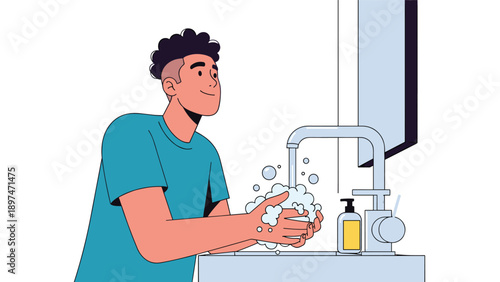 Young man diligently washing his hands with soap under a running faucet at the bathroom sink to maintain personal hygiene and health.