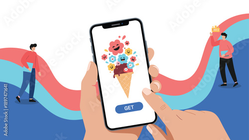 Human hands interacting with a mobile phone screen displaying a colorful ice cream app with characters walking along curved paths behind.