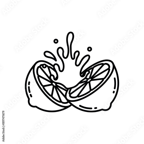 Freshly squeezed orange juice splashing from a halved orange in a simple illustration.