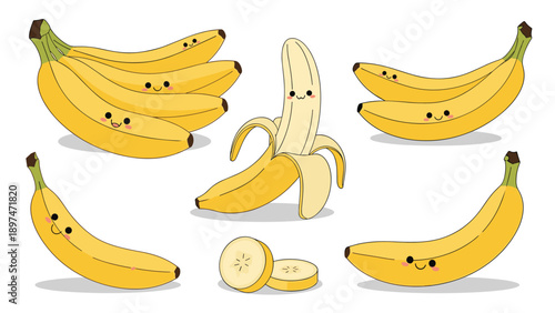 Charming collection of cute banana characters with happy faces showing a bunch, a peeled fruit, slices, and individual bananas in a row.
