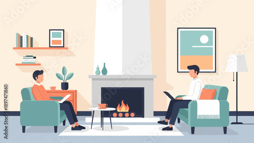 Two people work on laptops in a cozy living room with a fireplace (1)