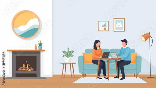 Two people work on laptops in a cozy living room by a fireplace