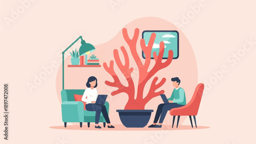 Two people work on laptops in a cozy room with a coral-like plant