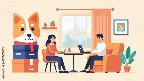 Two people work on laptops in a cozy room with a dog-themed decor and plants