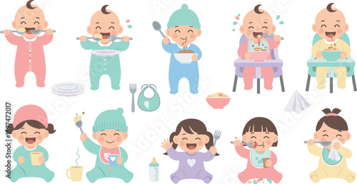 Cute baby eating and feeding scenes, happy infant mealtime with spoon, bottle and bowl, baby care and nutrition concept, colorful flat vector illustration set