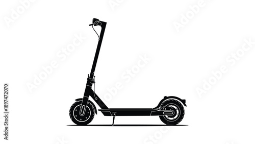 Minimalist black silhouette of a modern electric kick scooter standing on its kickstand isolated on a stark white background for clean design.