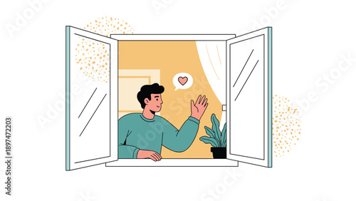 Friendly man waving his hand from an open window of a house with a small heart in a speech bubble and a potted plant sitting on the sill.