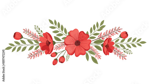 Elegant horizontal floral arrangement featuring red flowers, rosebuds, and various green leaves symmetrically placed on a white background.