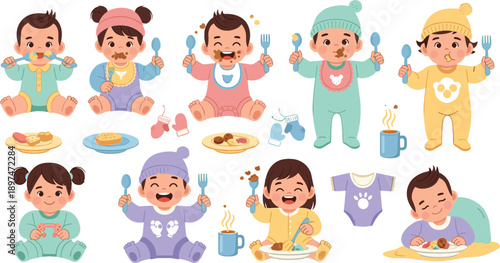 Cute baby eating food with spoon and fork, happy infant mealtime scenes, baby feeding and nutrition concept, colorful flat vector illustration set