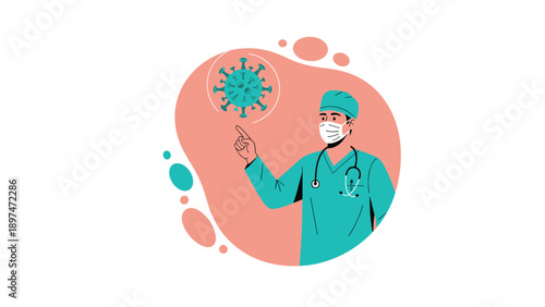 Medical professional in green scrubs and a face mask pointing toward an illustration of a virus cell against a soft peach circular backdrop.