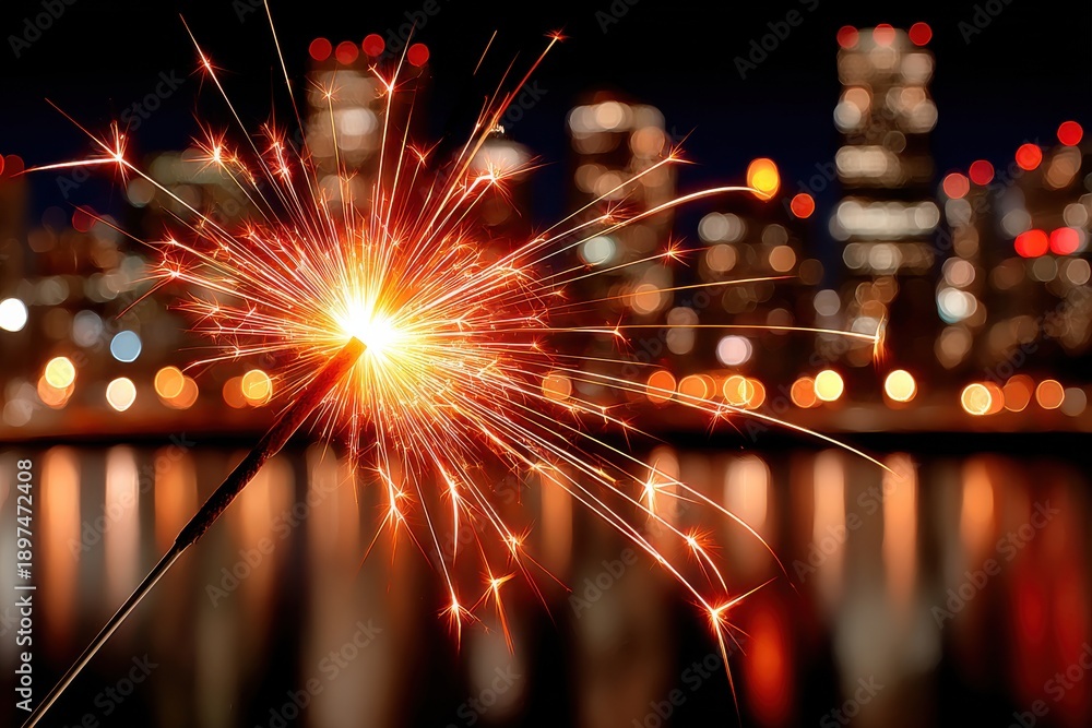 Naklejka premium Close-up of a bright sparkler sparks over a night city skyline with warm, festive glow
