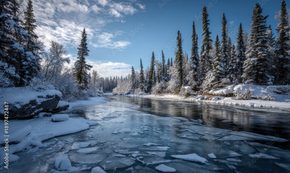 Obraz premium A frozen river with trees in the background