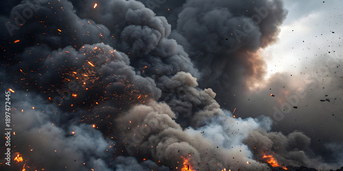 tactical explosion generates towering dark smoke plumes above intense orange fireballs with glowing sparks