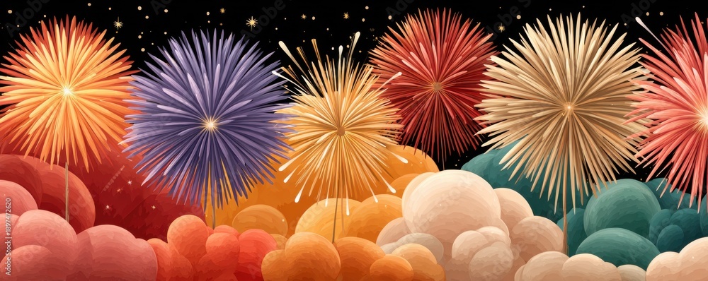 Fototapeta premium Colorful fireworks burst across a night sky above vibrant clouds, creating a festive celebration scene