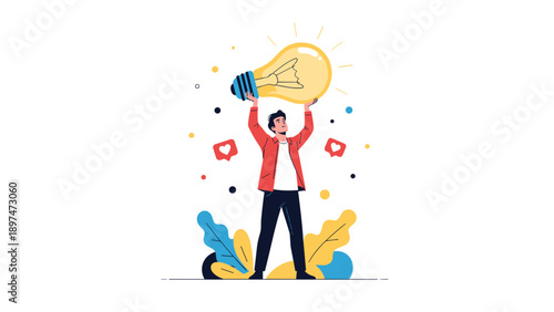 Creative concept illustration showing a man holding a massive glowing lightbulb representing a big idea or innovation.