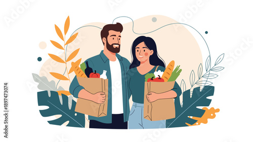 Happy young couple carrying paper bags full of fresh groceries and healthy vegetables in a stylish modern illustration.