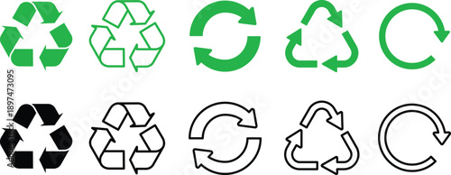 Recycling and Circular Arrow Icon Set – Green and Black Recycle Symbols Vector