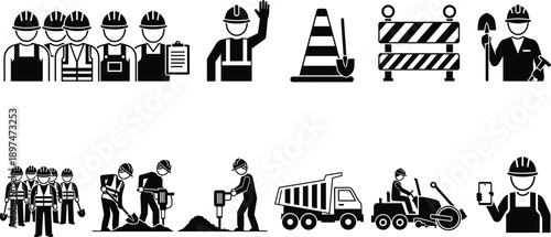 Black and white construction icons showing workers, tools, vehicles, and safety gear for industrial, labor, and infrastructure themes