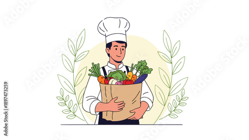 Male chef in a traditional white uniform holding a large paper bag overflowing with various fresh vegetables and greens.
