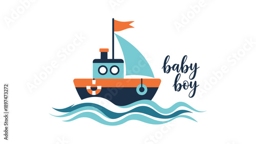 Nautical illustration of a colorful steam boat on sea waves with text saying baby boy in an elegant black script.
