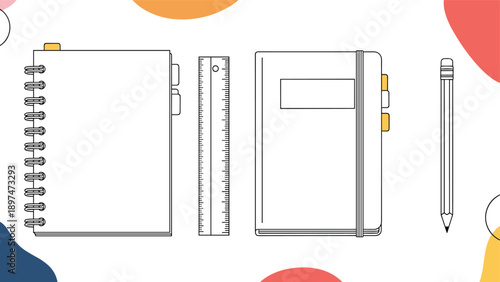 Top view of school and office supplies including two notebooks, a ruler, and a sharp pencil on a clean white background.