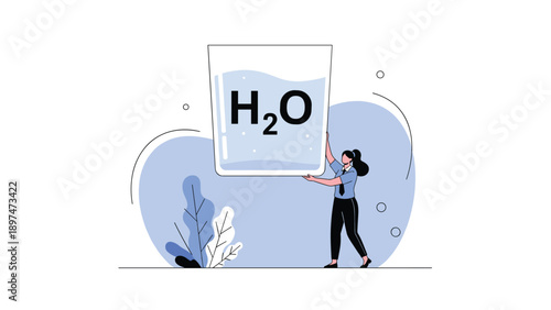Successful professional woman holding up a giant glass of fresh water with H2O chemical formula on a blue abstract background.