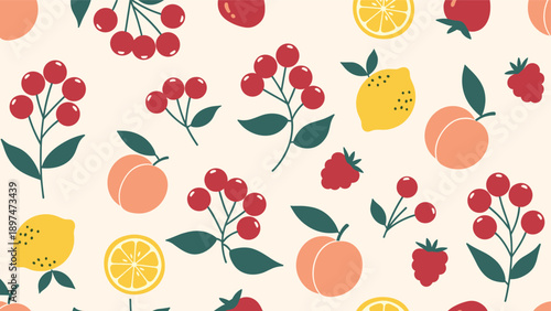 Seamless fruit pattern featuring various colorful cherries, peaches, lemons, and raspberries on a light cream background.