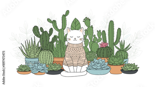 Adorable white cat wearing a cozy patterned winter sweater sitting among various potted cacti and succulents in a bright setting.