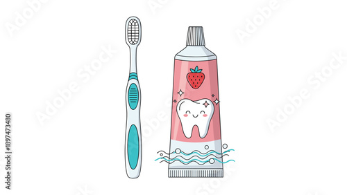 Modern manual toothbrush and a tube of strawberry flavored toothpaste featuring a happy tooth character illustration.